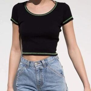 Brandy Melville Black and Green Zelly Contrast Stitch Top One Size